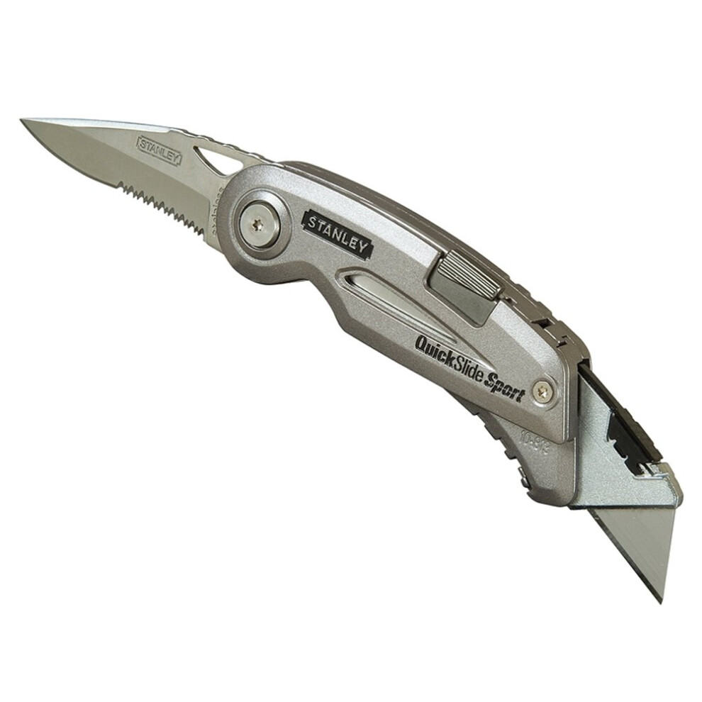 Stanley 10813 Quickslide Sport Utility Knife - 2-Blade Design: 75mm Serrated Sport Blade + Standard Blade, One-Handed Slider