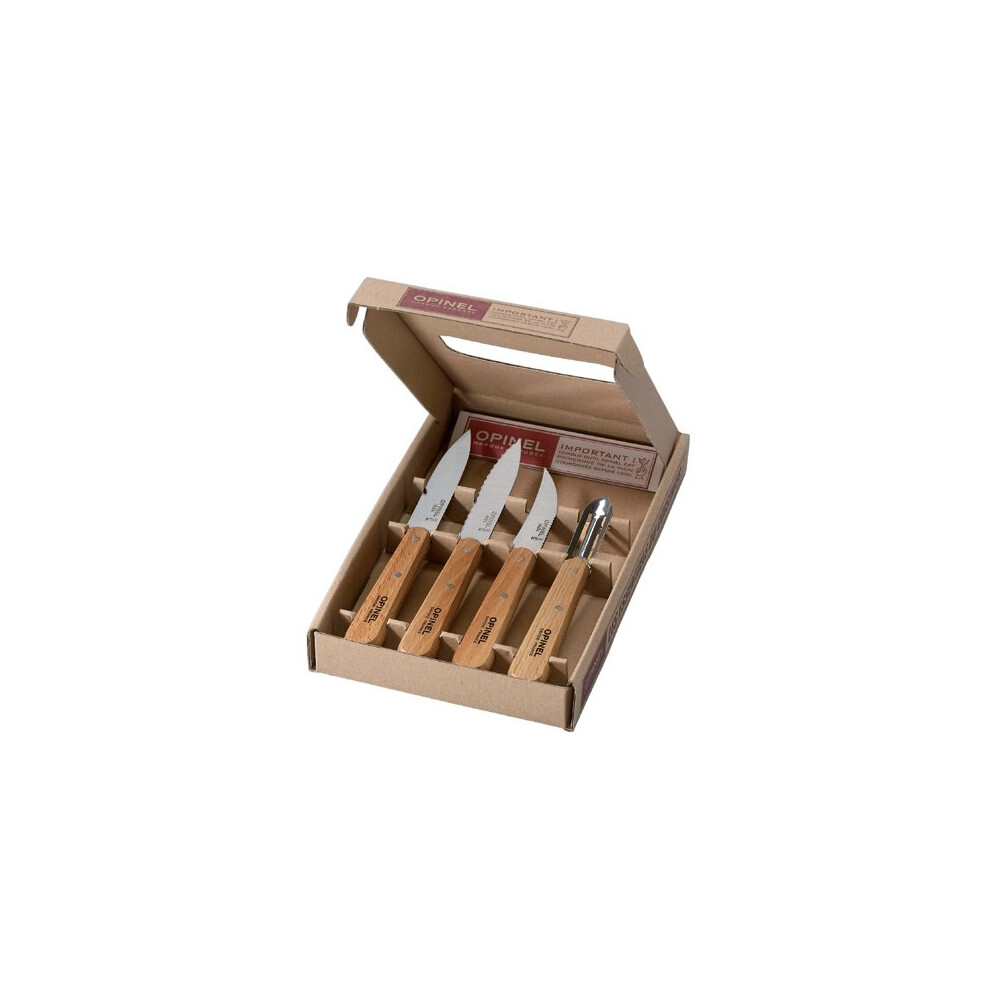 (beech) OPINEL Les Essentials 4 piece kitchen knife and peeler gift set - Wood handles