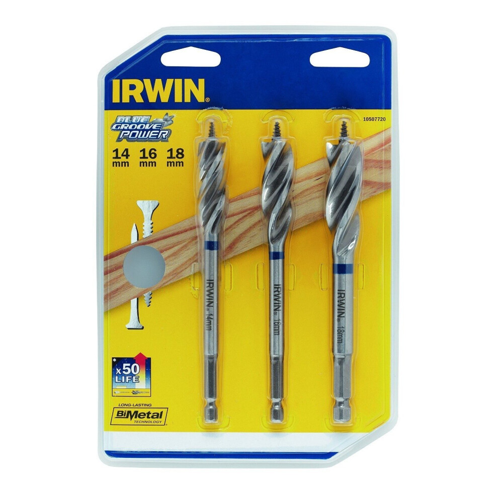 Irwin 3 Piece Blue Groove Nail Biteing Power Wood Drill Bit Set - Image 5
