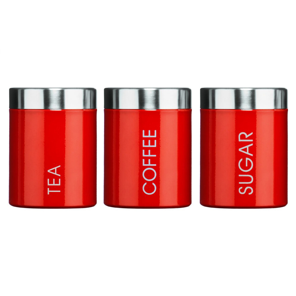 Set Of 3 Tea Coffee Sugar Enamel Canisters - Red