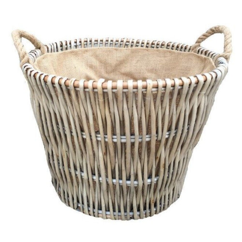 Round Grey Hessian Lined Log Basket