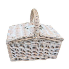 EH081 Small White Double-Lidded Wicker Hamper with Faux Leather Straps, White-Washed Willow 28x19x27 cm