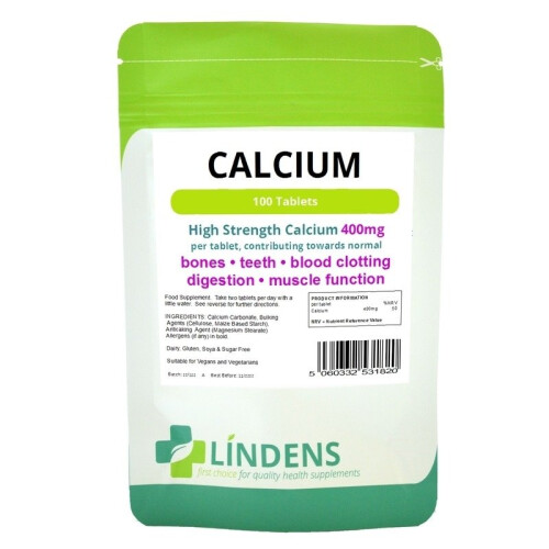 (1 Pack - 100 Tablets) Lindens Calcium Carbonate 100 Tablets 400mg Quality Food Supplement