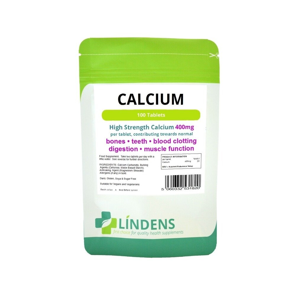 (1 Pack - 100 Tablets) Lindens Calcium Carbonate 100 Tablets 400mg Quality Food Supplement