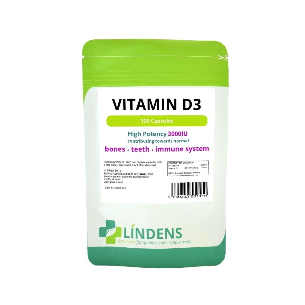 (1 Pack - 120 Capsules) Lindens High Strength 3000iu Vitamin D3 120 Capsules D D-3 Sun Sunshine