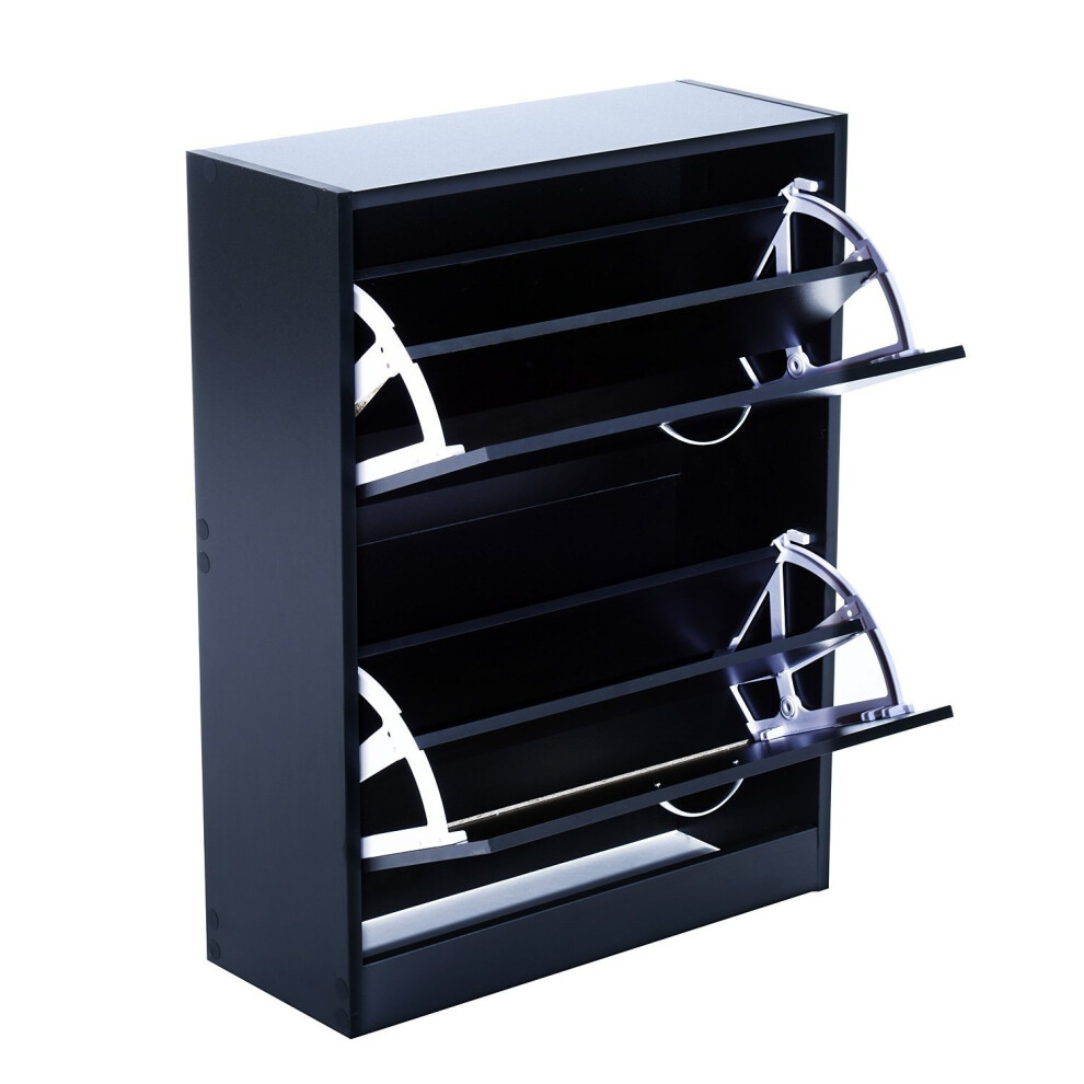 (Black) Homcom Wooden Shoe Storage Cabinet 2 Tier Drawers Footwear