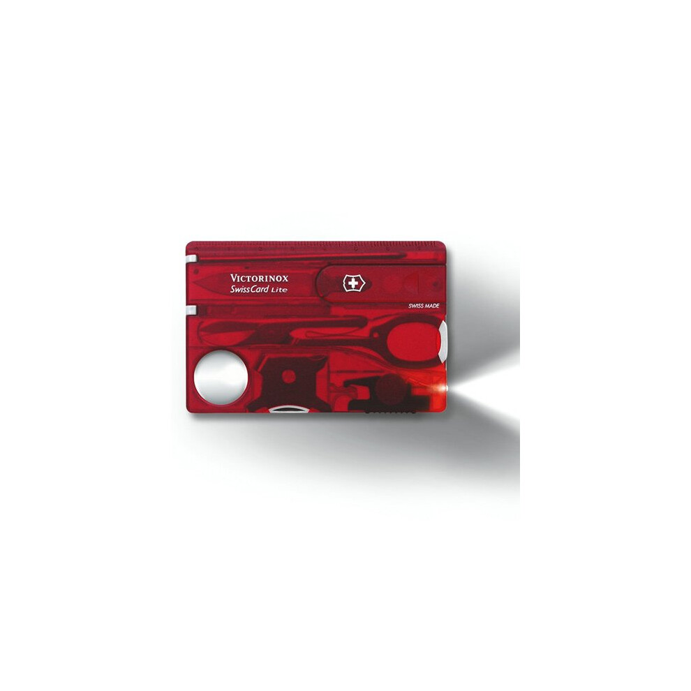 (Red) Genuine Victorinox Swiss Card Lite - 13 Function Swisscard - White Led Light