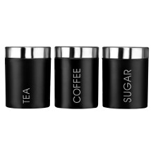 (Black) Set Of 3 Tea Coffee Sugar Enamel Canisters in 3 Assorted Colours