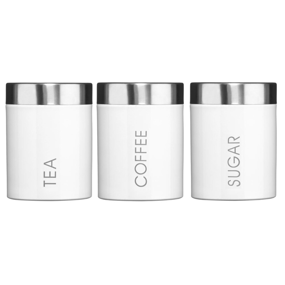 (White) Set Of 3 Tea Coffee Sugar Enamel Canisters in 3 Assorted Colours