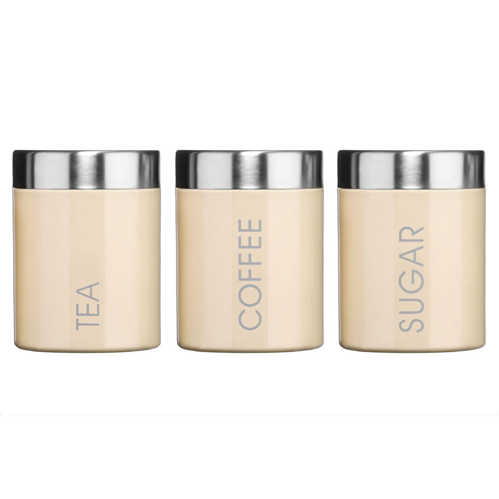 (Cream) Set Of 3 Tea Coffee Sugar Enamel Canisters in 3 Assorted Colours