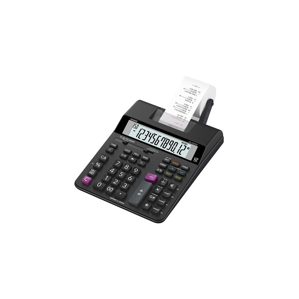 Casio HR-200RCE Desktop Printing Calculator - Black | 120 LPM, Euro Rates (3), Tax, Margin & Markup/Markdown, Item Counter, Decimal Selector
