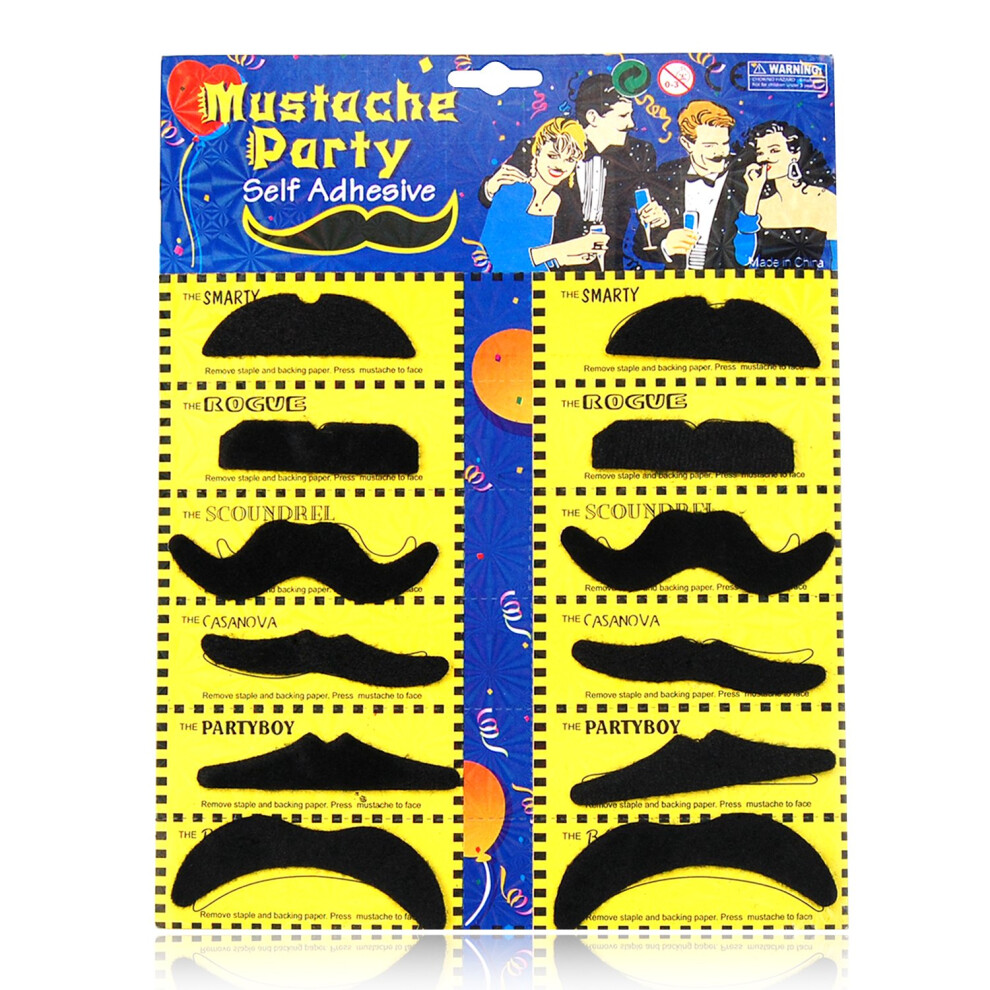Trixes 12Pc Self-Adhesive Fake Moustaches | Stick-On Moustache Set Black