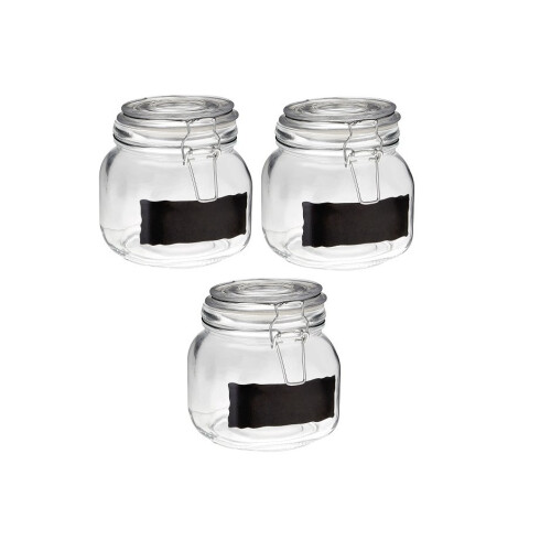 Premier Housewares 900Ml Square Clear Glass Storage Jar Clip Top With Chalkboard Decal Kitchenware