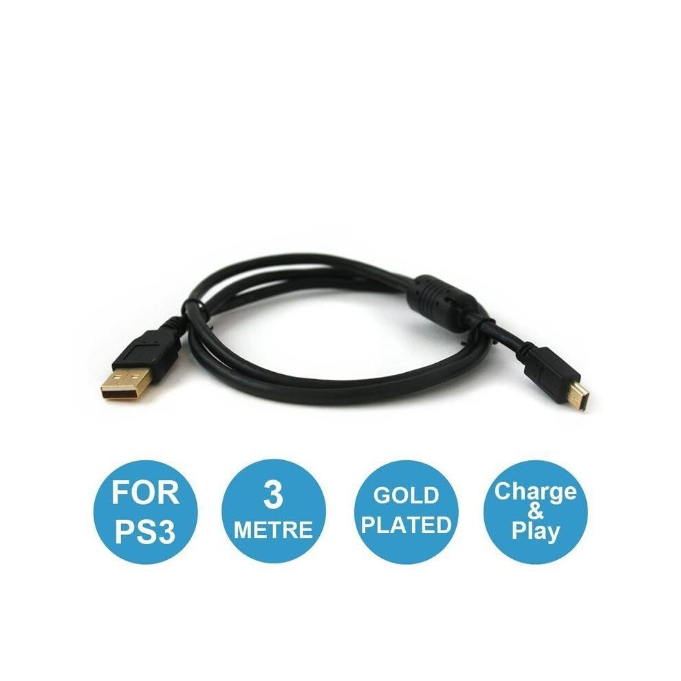 ZedLabz Pro (Gold Plated) 3M Extra Long USB Charge Cable for PS3 Controller