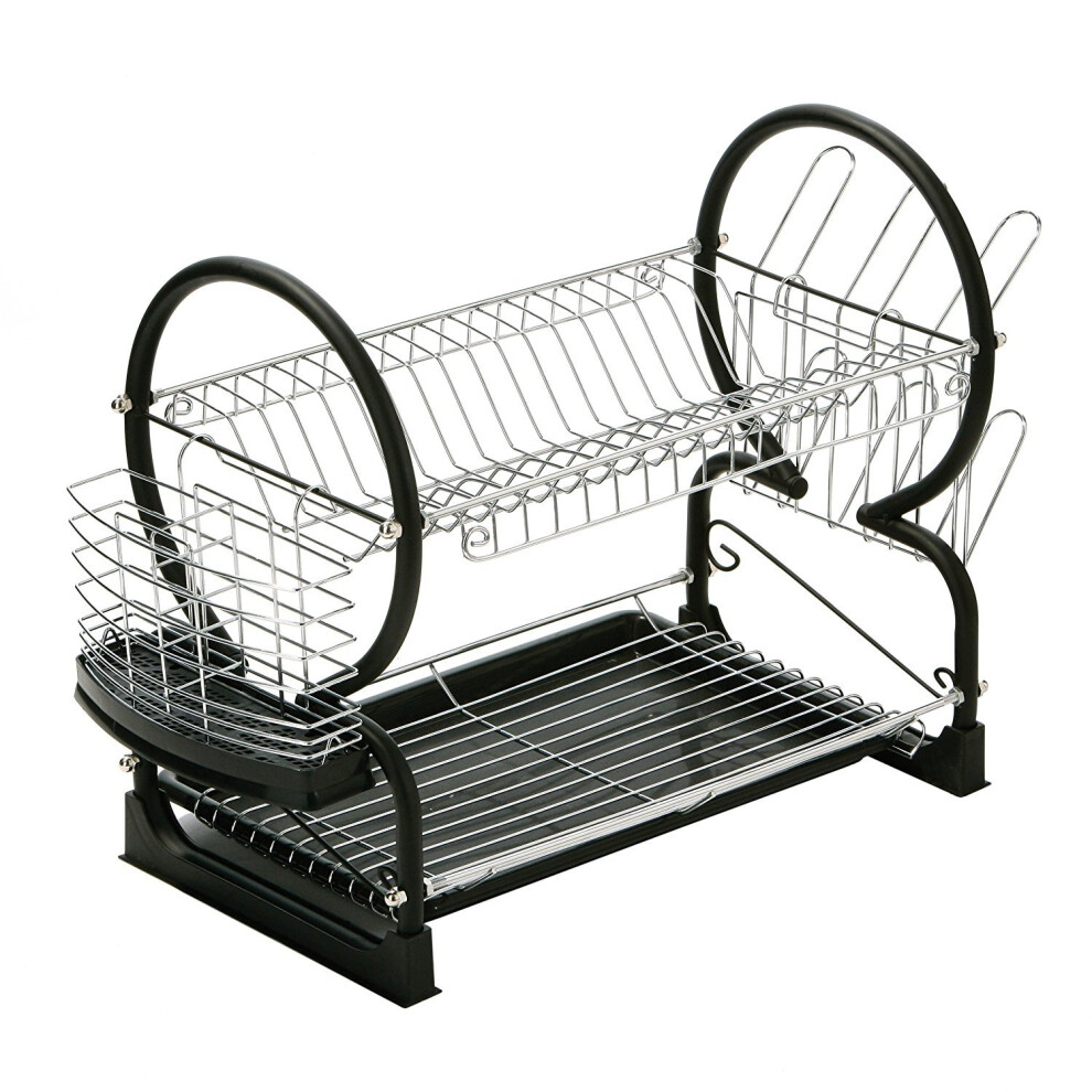 Black 2 Tier Dish Drainer, Modern Chrome and Black Dish Drainer, Stylish Dish Drainer with Drip Tray