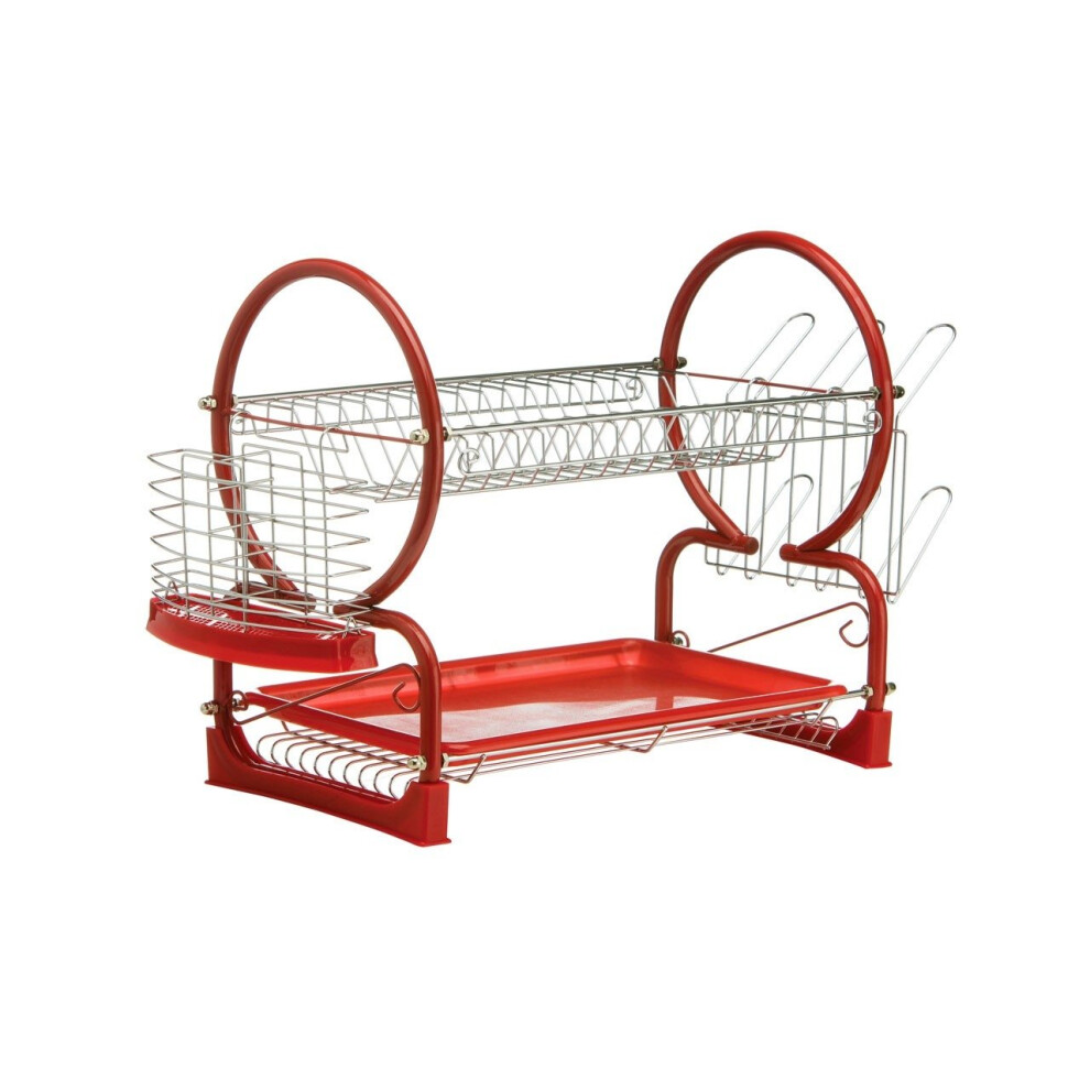 2 Tier Dish Drainer with Drip Tray - Red