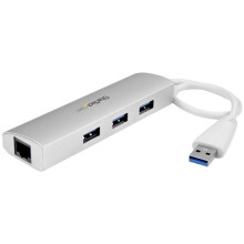 STARTECH Hub USB 3.0 draagbaar - 3 poorten met geïntegreerde kabel - USB 3.0 hub plus Gigabit Ethernet - Aluminium