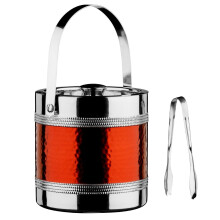 Ice Bucket and Tongs with Hammered Red Band - Stainless Steel