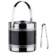 Ice Bucket and Tongs with Hammered Black Band, Stainless Steel