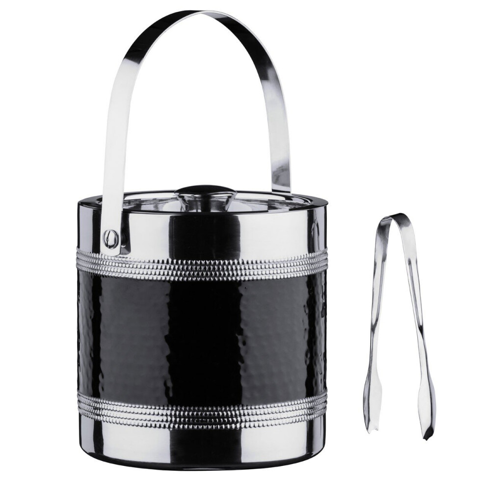 Ice Bucket and Tongs with Hammered Black Band, Stainless Steel