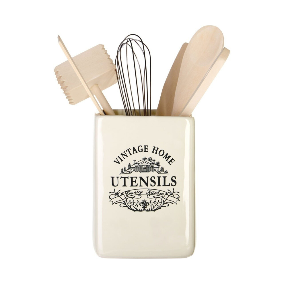 Vintage Home ceramic utensil holder, Cream Ceramic Kitchen Utensil Holder, Stylish Cooking Utensil Holder