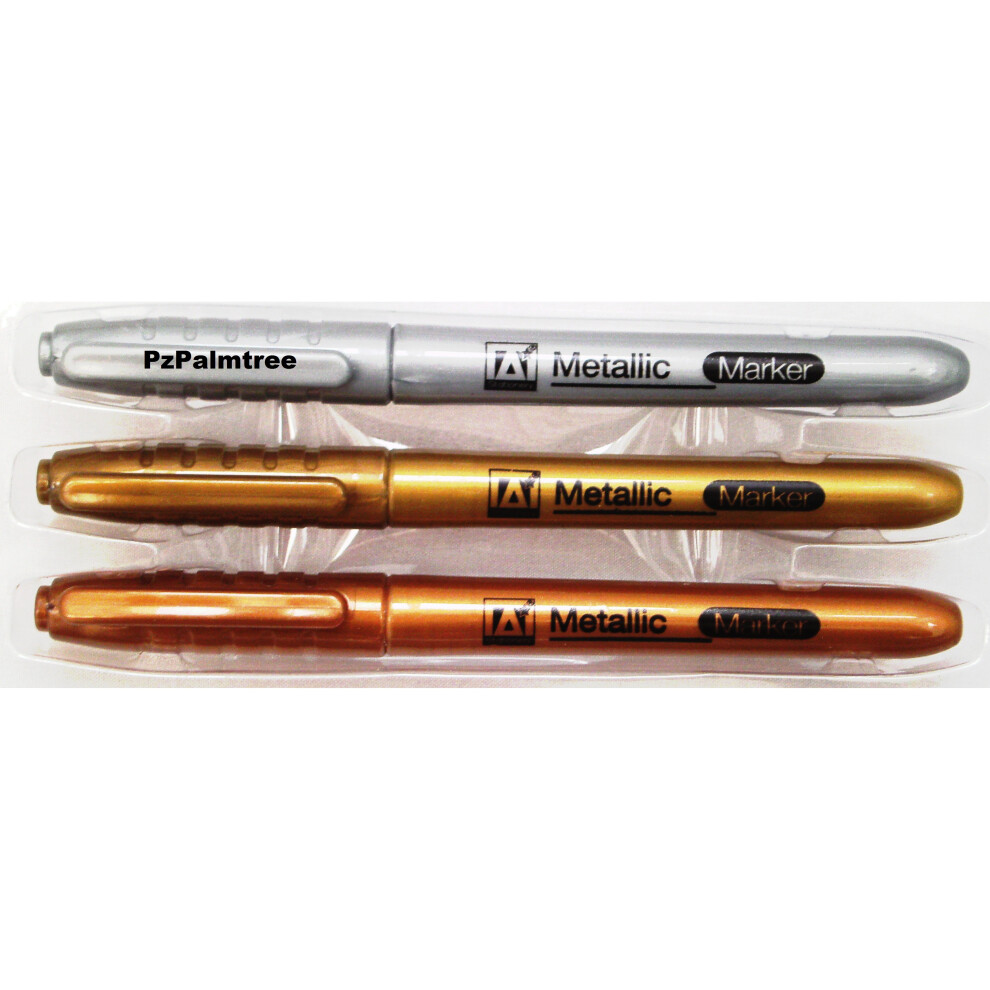 3 Metallic Marker Pens Gold Silver Bronze Paper Card Glass Metal Plastic Xmas