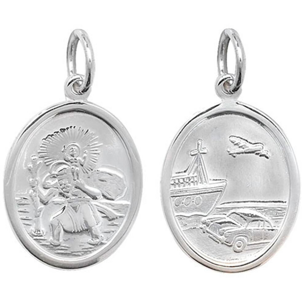 (18 Inch) Sterling Silver Small Oval Double Sided St Christopher Pendant On A Snake Necklace