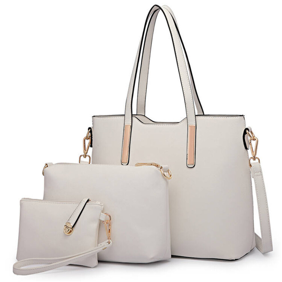 (White) 3pc Women's PU Leather Handbag Set