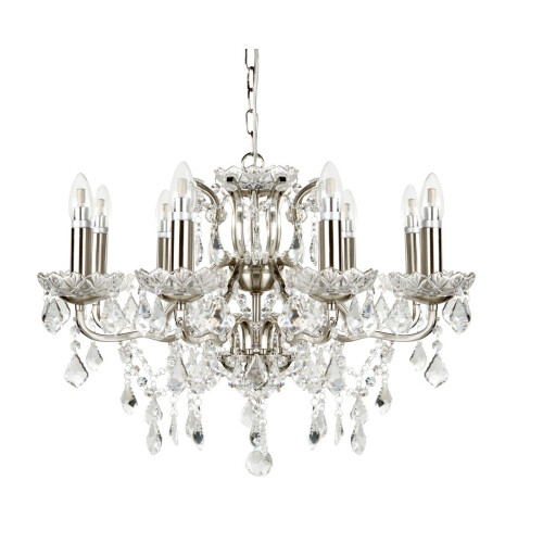Searchlight Clear Crystal Drops & Trim 8 Light Chanderlier, Satin Silver