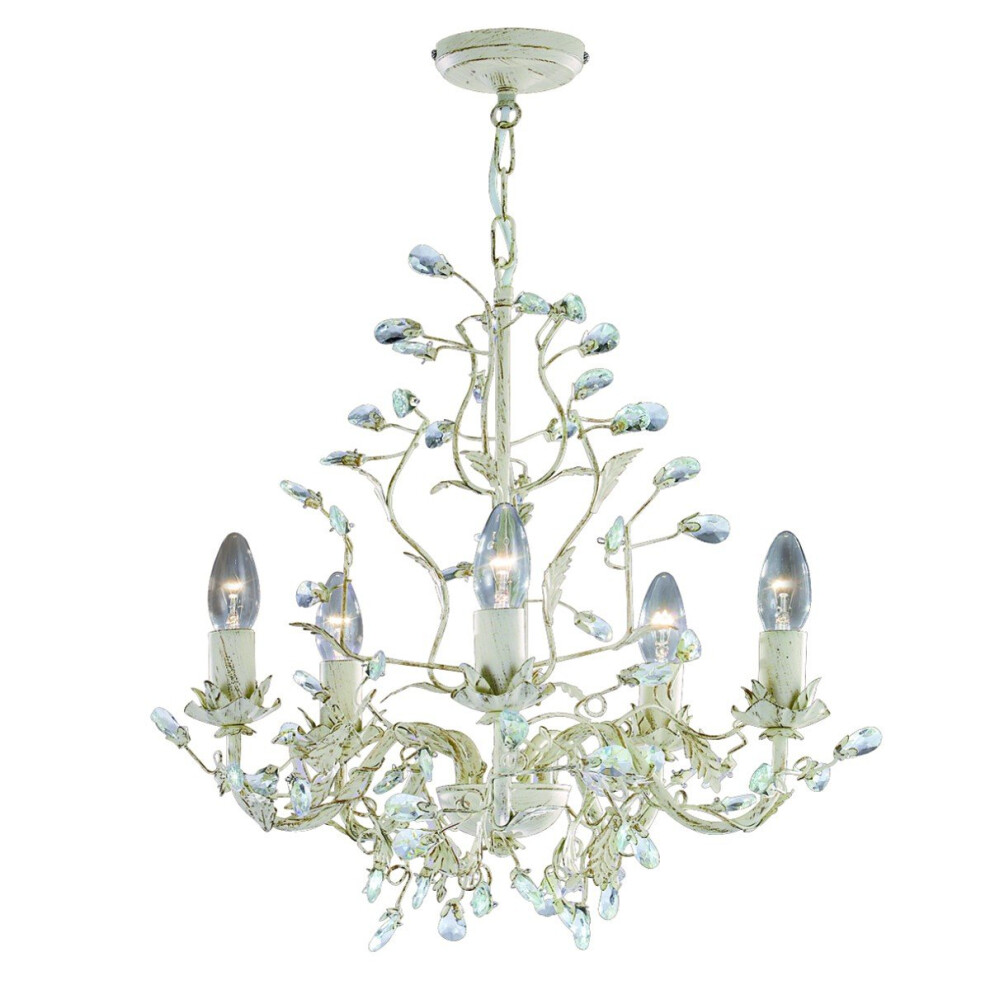5 Light Shabby Chic Pendant, Cream/Clear Crystal