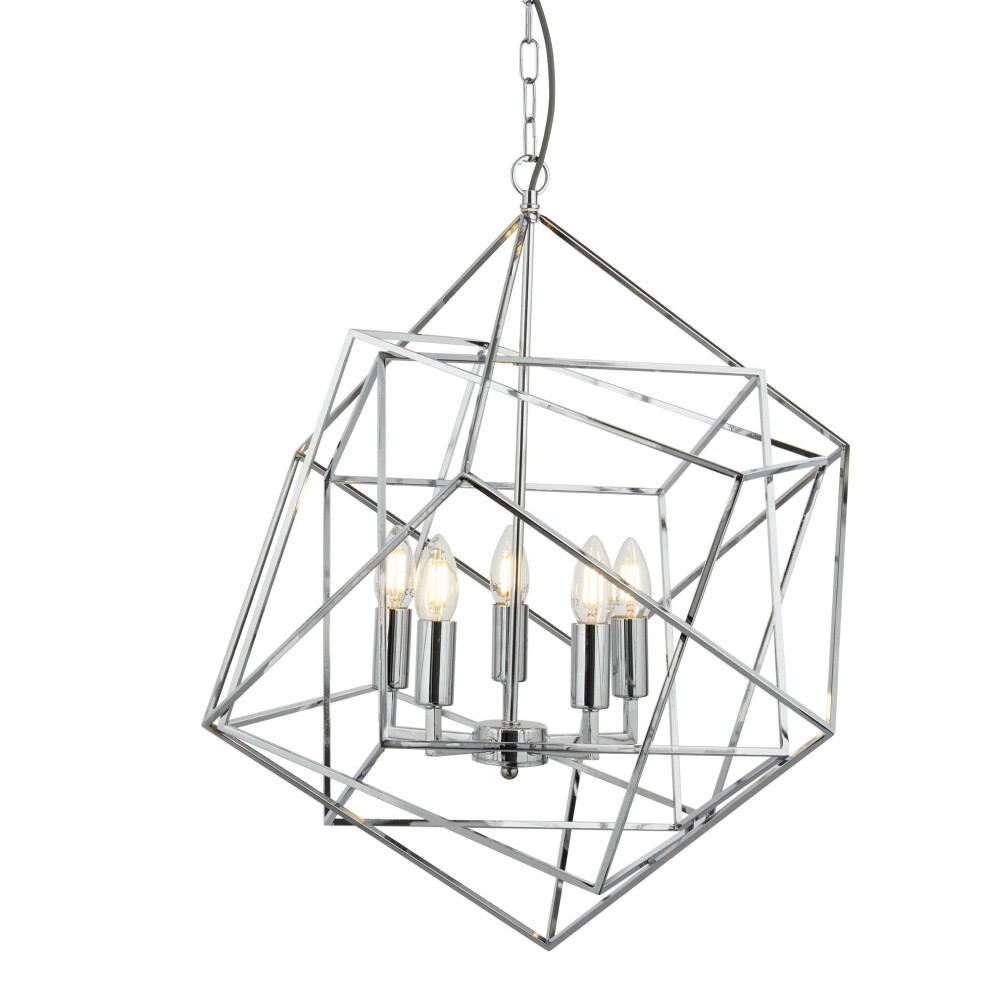 5 Light Pendant Geometric Cube Frame Chrome
