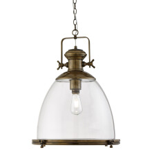 Industrial Large Painted Antique Brass Pendant, Clear Glass