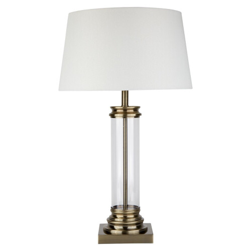 Searchlight Glass Column And Antique Brass Base Bedside Table Lamp Desk Light Cream Shade