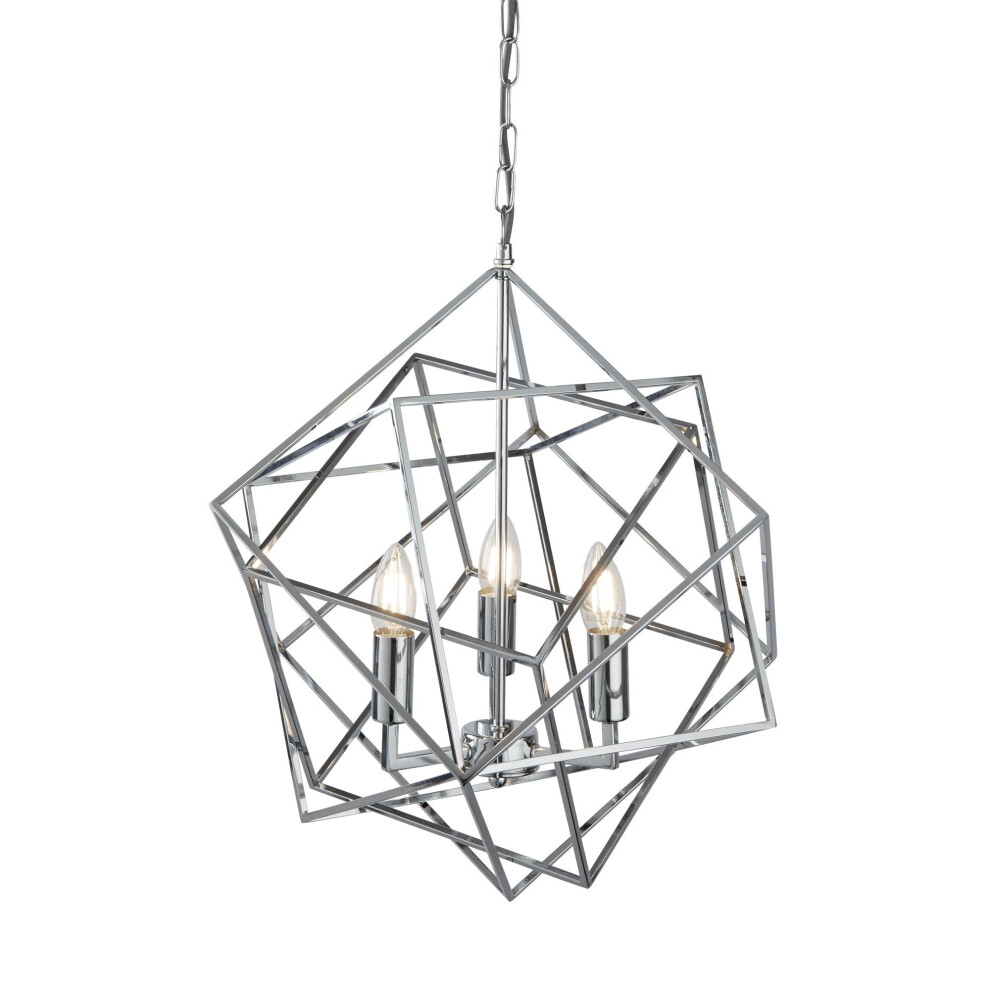 3 Light Pendant Geometric Cube Frame Chrome