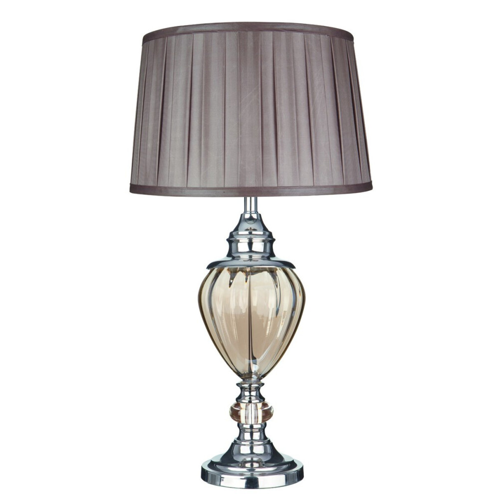 Traditional Amber Glass Urn Table Lamp With Brown Pleated Shade