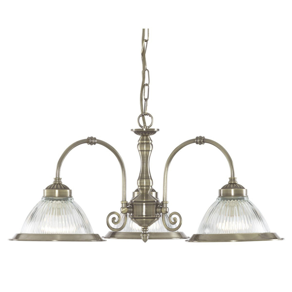 American Diner Traditional 3 Arm Pendant With Clear Ribbed Glass