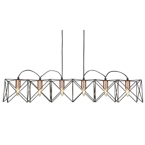 Searchlight 6 Light Black Frame Pendant with Copper Detail