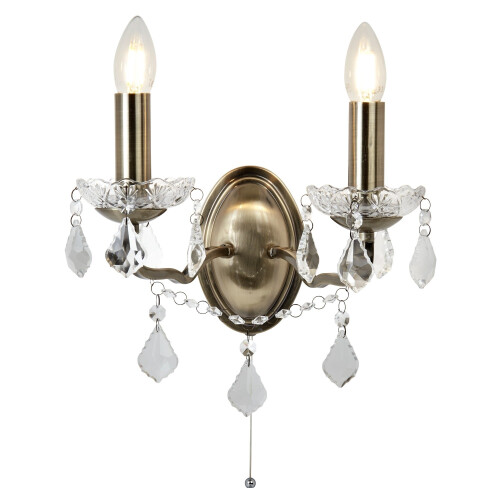 Searchlight Double Wall Bracket Clear Crystal Drops Antique Brass