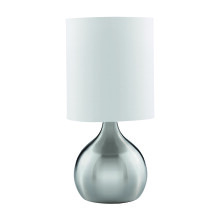 TOUCH TABLE LAMP, SATIN SILVER BASE, WHITE DRUM SHADE