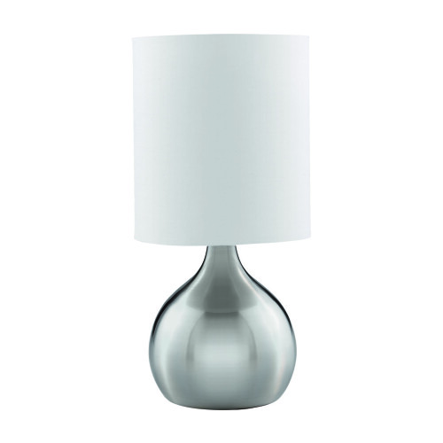 Searchlight TOUCH TABLE LAMP, SATIN SILVER BASE, WHITE DRUM SHADE