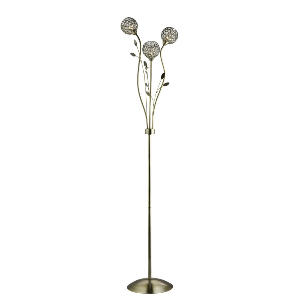 3 LIGHT FLOOR LAMP, ANTIQUE BRASS WITH CLEAR GLASS DECO SHADES
