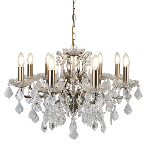Searchlight 8 Light Chandelier Antique Brass Clear Crystal Drops