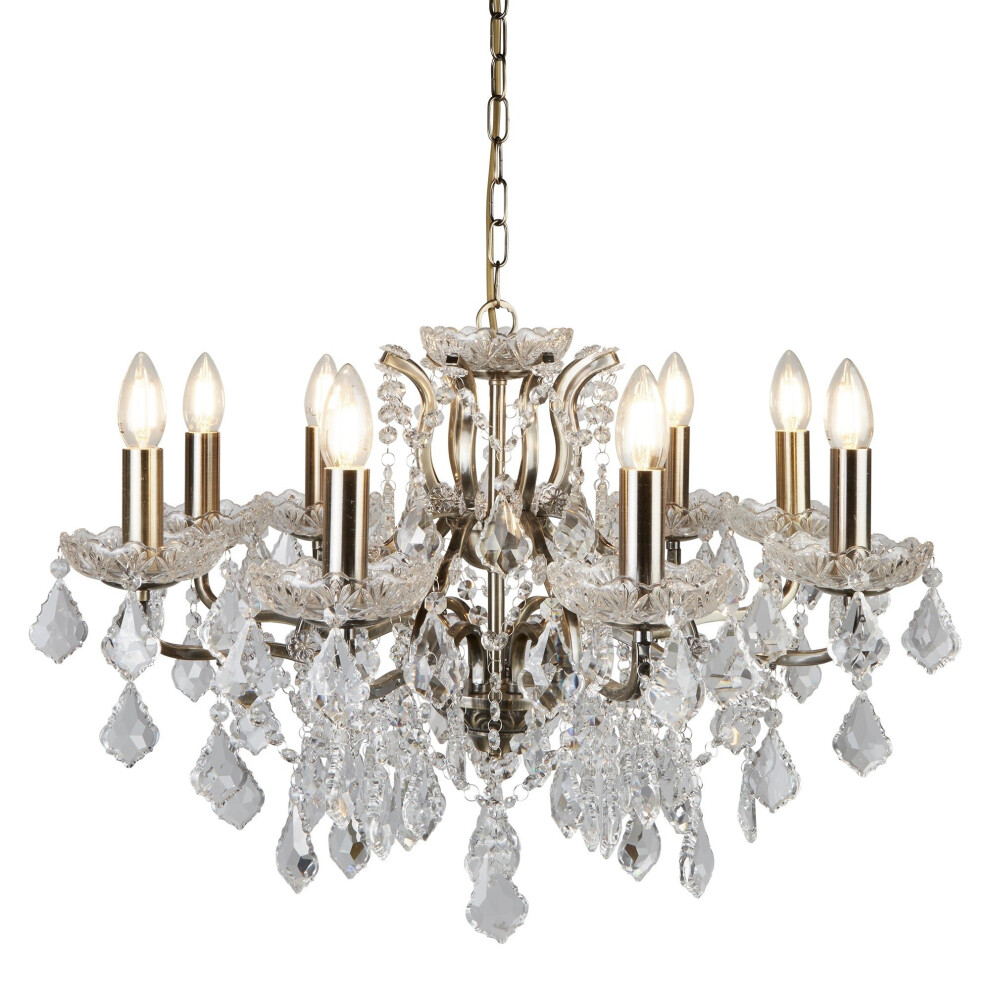 8 Light Chandelier Antique Brass Clear Crystal Drops