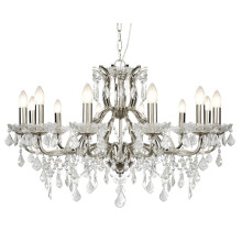 12 Light Chandelier Clear Crystal Drops & Trim Ceiling Lamp Satin Silver Finish