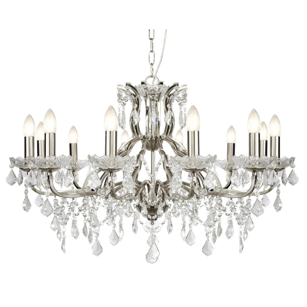 12 Light Chandelier Clear Crystal Drops & Trim Ceiling Lamp Satin Silver Finish