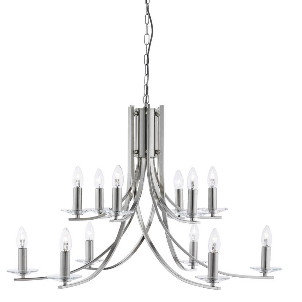 Ascona Satin Silver 12 Light Ceiling Chandelier Pendant Fitting Glass Sconces