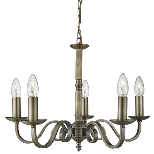 Searchlight 5 Light Pendant, Scroll Arms Detail, Antique Brass