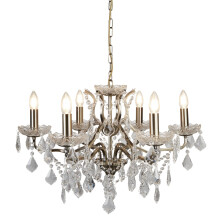 6 Light Chandelier Antique Brass Clear Crystal Drops