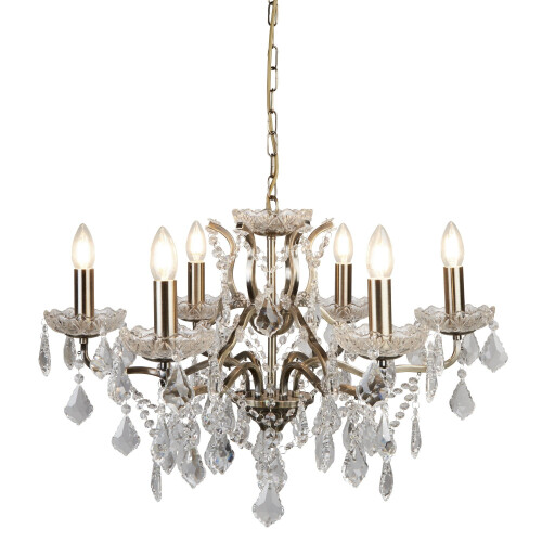 Searchlight 6 Light Chandelier Antique Brass Clear Crystal Drops