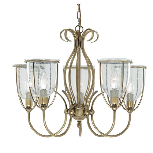 Searchlight 5 Arm Antique Brass Fitting Clear Seeded